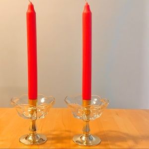Set of 2 Brass and Glass Candlesticks